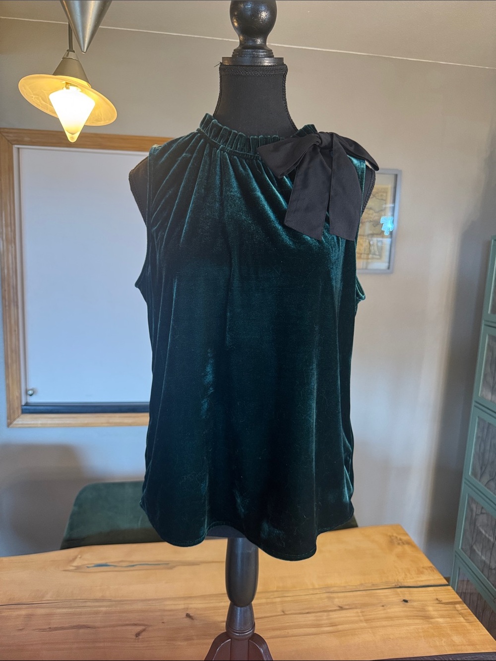 J. Crew Velvet Bow-Shoulder Shell Top - Deep Teal Green and Black
